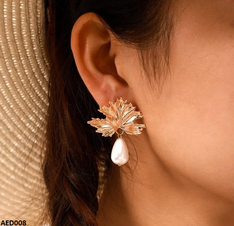 AED008 Leaf Pearl Drop Earrings - AED