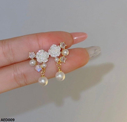AED009 Flower Pearl Drop Earrings - AED